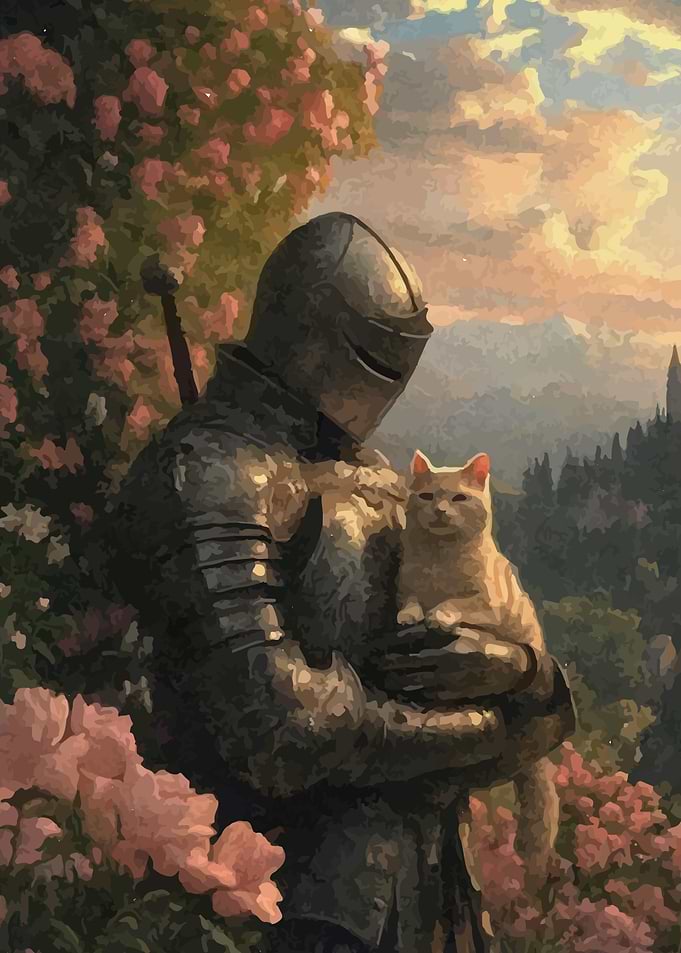 Knight holding a cat painting