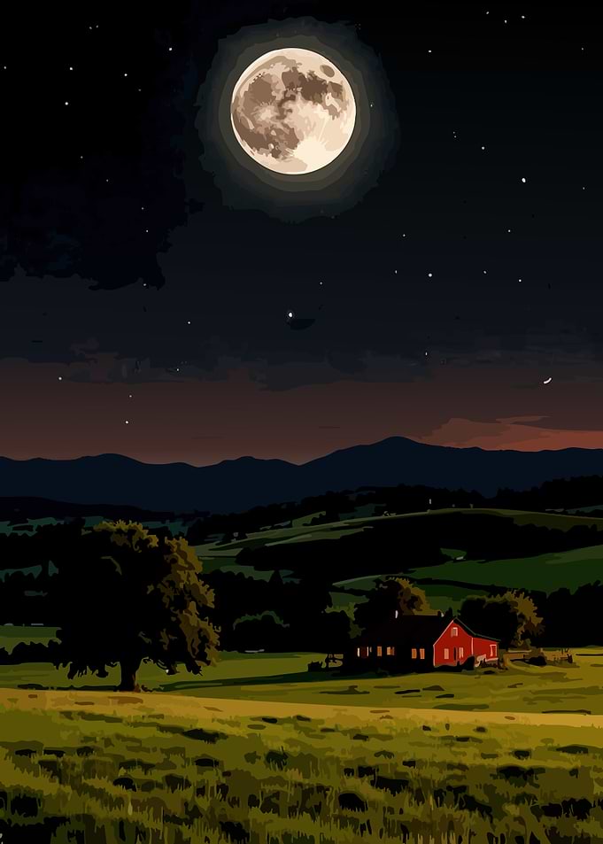 Rural Landscape Under Moonlight