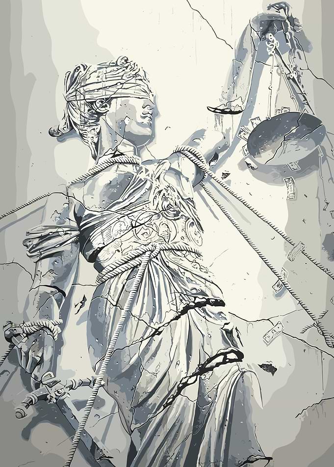 Cracked Lady Justice with Money