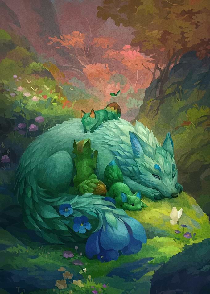 Sleeping Wolf with Cubs in Forest