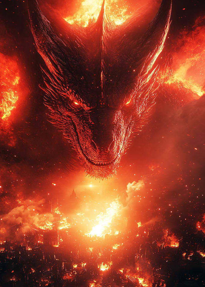 Fiery Dragon Over Burning City