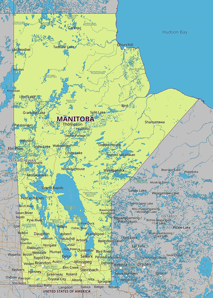 Manitoba Map with Cities and Lakes