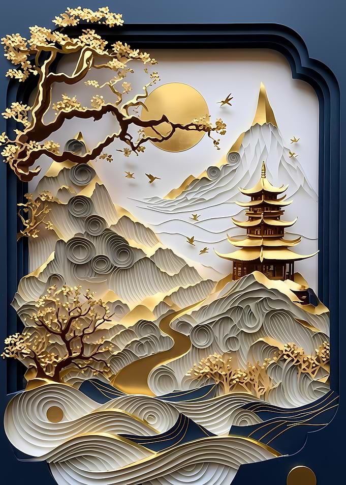 Golden Asian Landscape with Pagoda