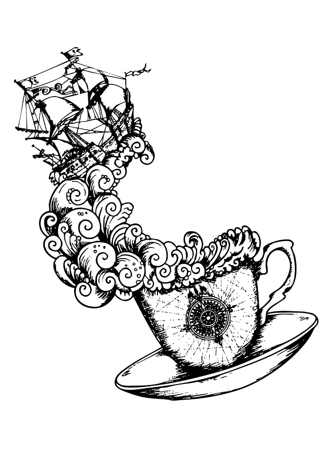 Ship in a Cup Ink Drawing