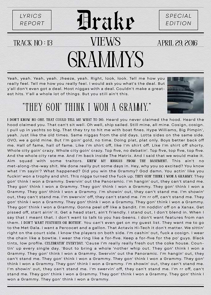 Drake Views Grammys Lyrics Report