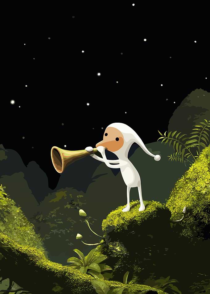 Cartoon Figure with Trumpet in Forest