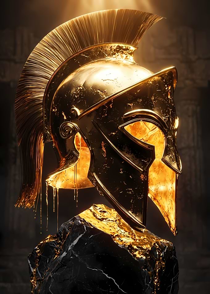 Golden Spartan Helmet on Marble Stand