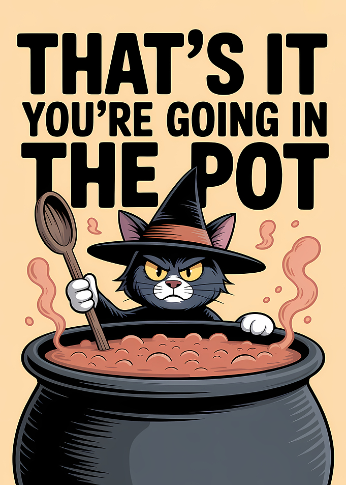 Cat Witch Pot Cartoon Illustration