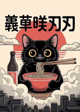 Black Cat Eating Ramen Illustration