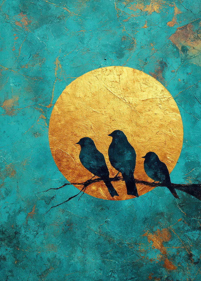 3 Birds on a Branch with Golden Moon, abstract painting