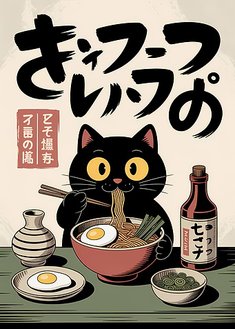 Cat Eating Ramen Illustration
