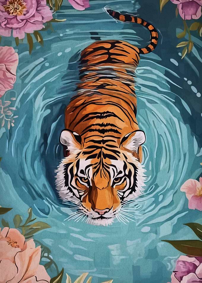 Tiger swimming in floral water