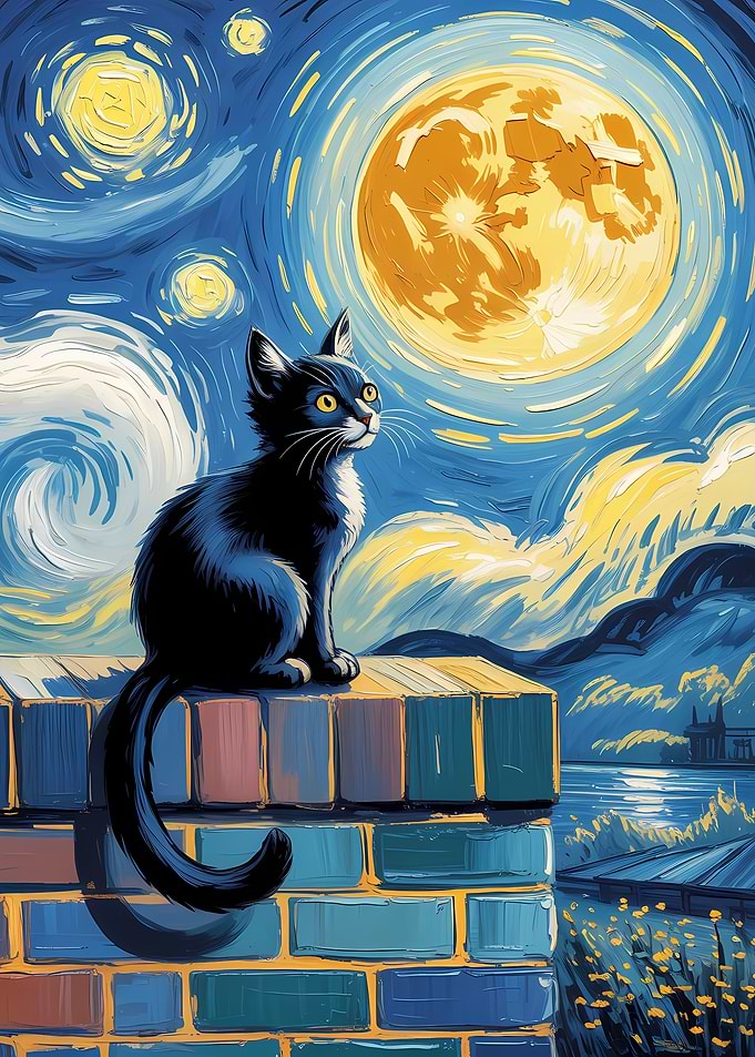 Black Cat and Moon Painting