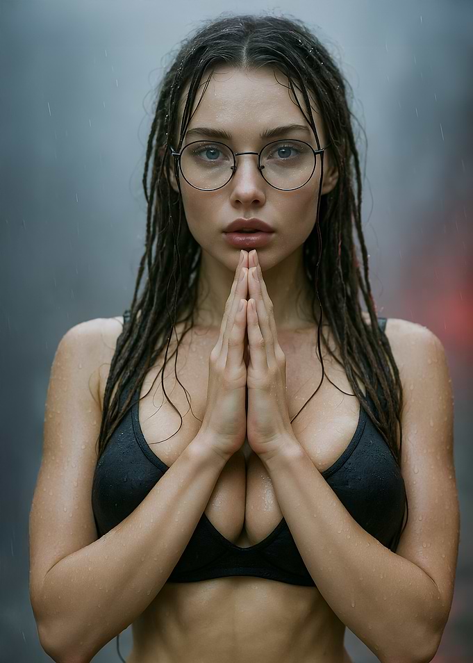 Wet Warrior Woman in Rainy Meditation Pose
