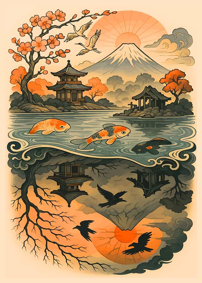 Japanese Landscape with Reflections