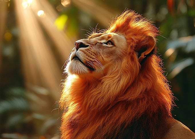 Lion gazing into the light