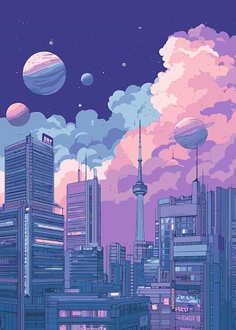 Pixel Art Cityscape with Planets