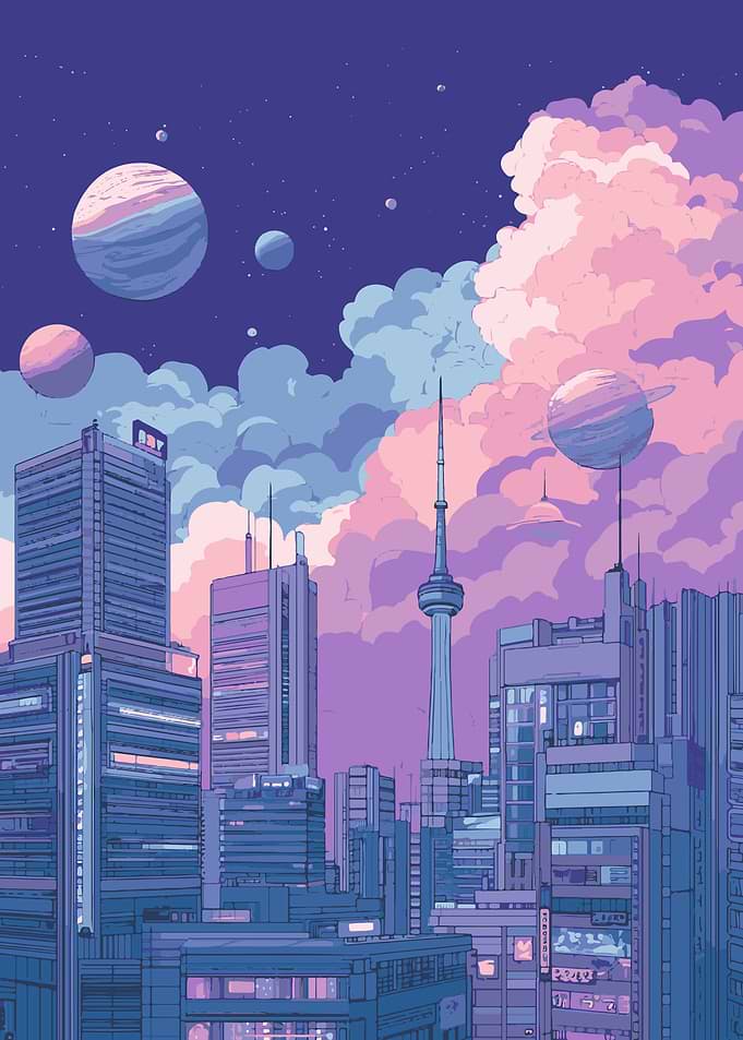 Pixel Art Cityscape with Planets
