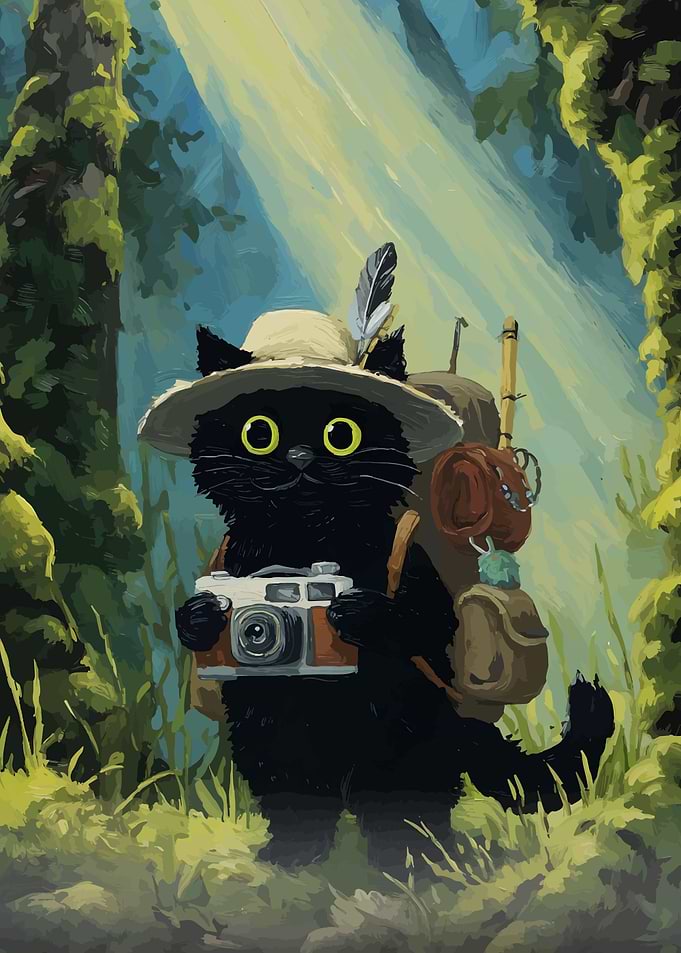 Adventurous Cat Photographer in Forest