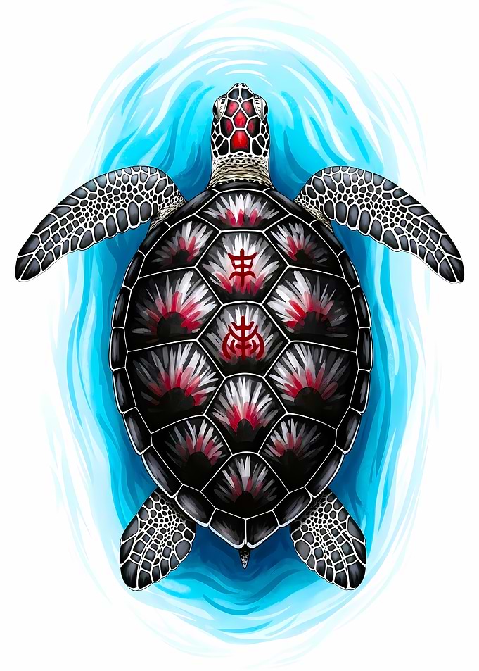 Sea Turtle with Red Symbols