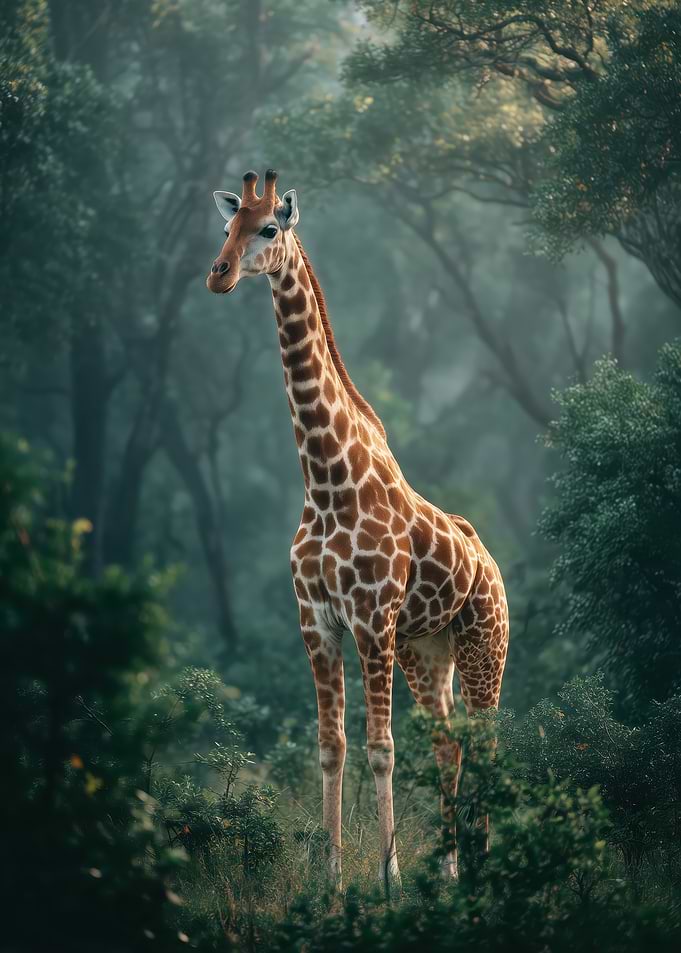 Giraffe in Misty Forest