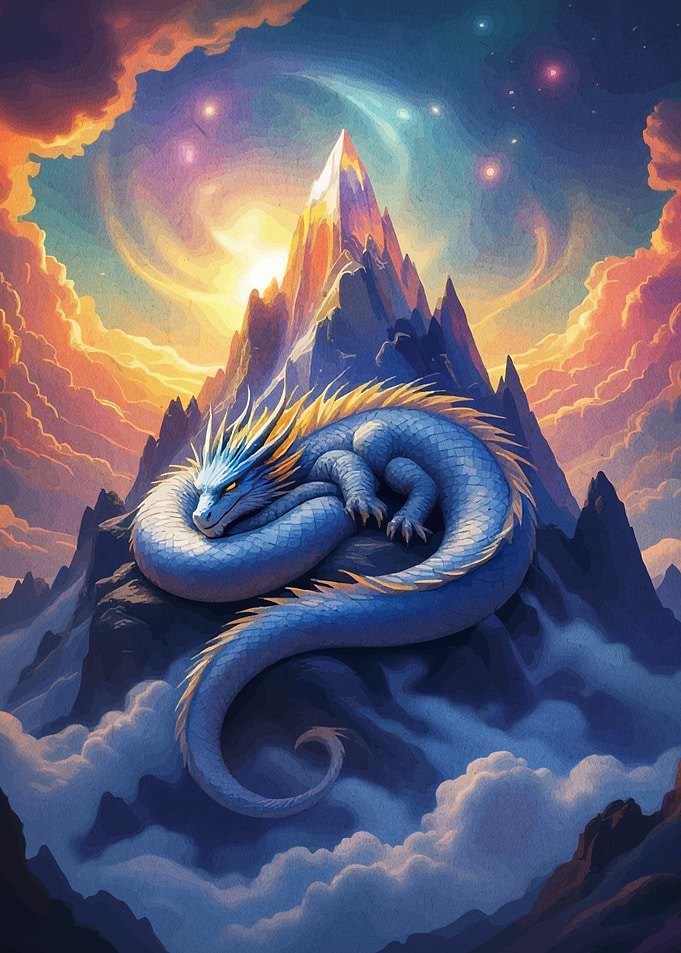 Blue Dragon on Mountain Peak