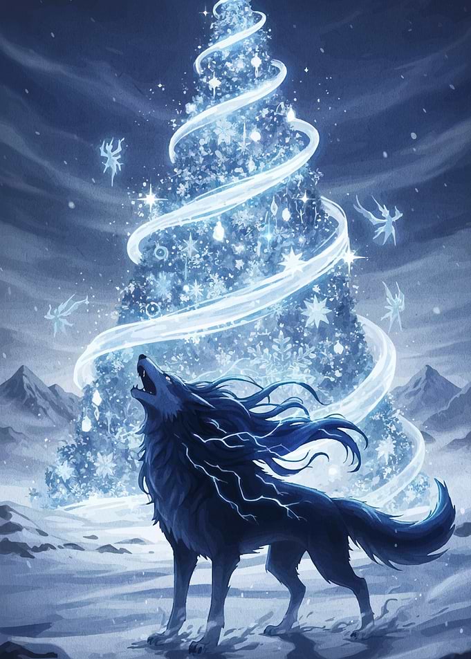 Winter Wolf Howling at Christmas Tree