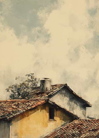 Italian rooftops under cloudy sky painting