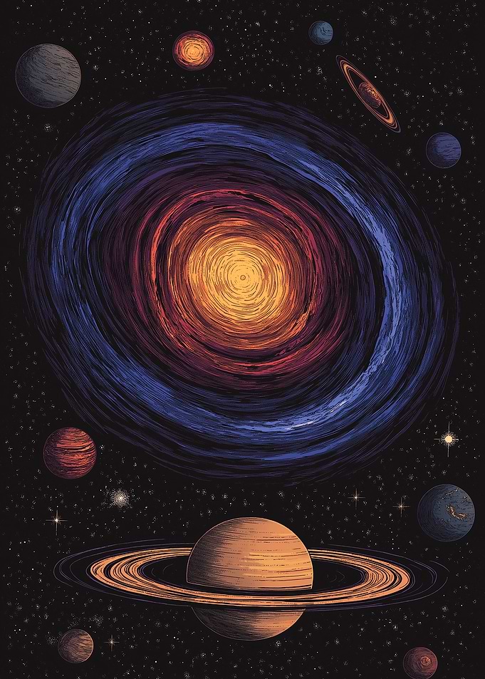 Cosmic Galaxy and Planets Illustration