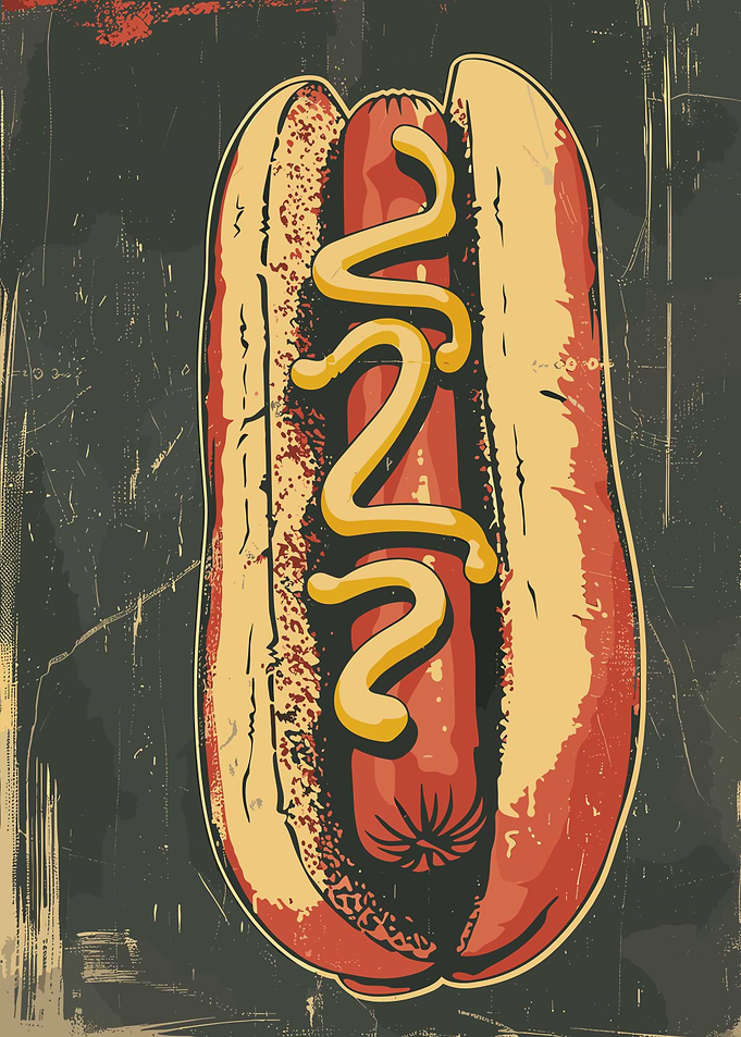 Vintage Hot Dog Illustration with Mustard