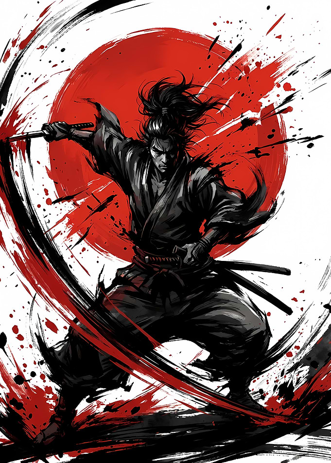 Samurai Warrior with Sword and Red Sun