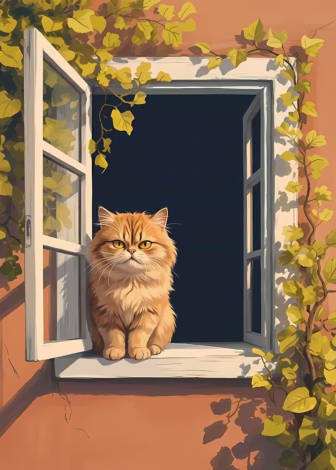 Ginger Cat in Window with Vines