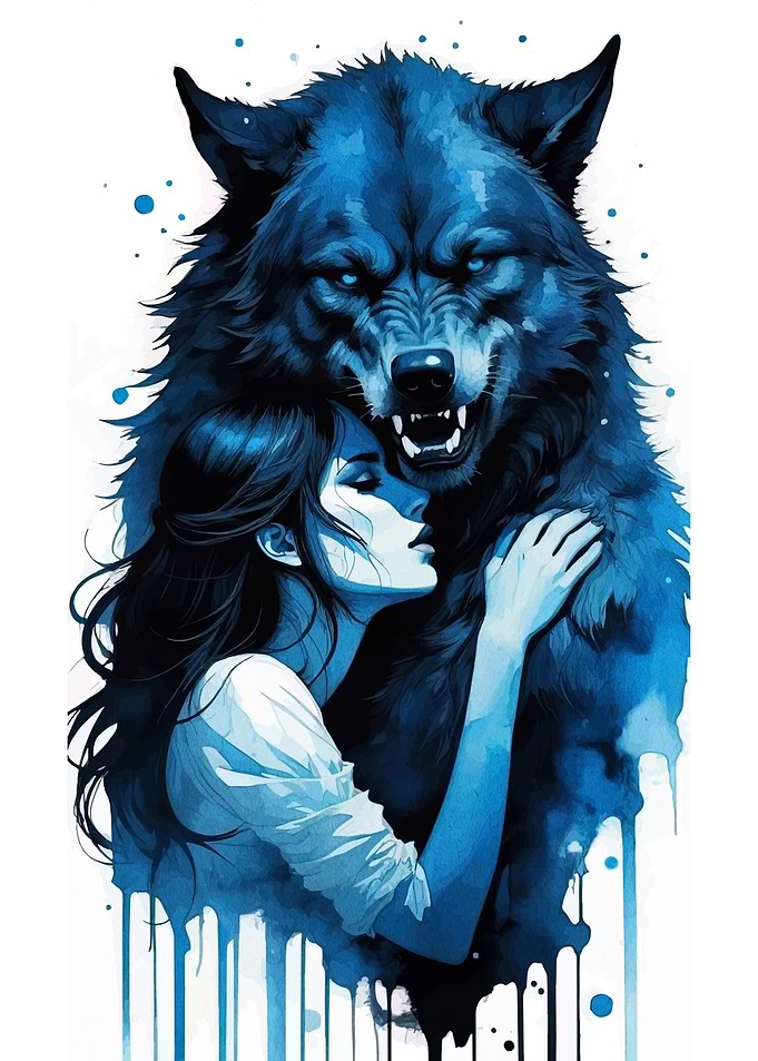 Woman and Wolf in Blue Tones