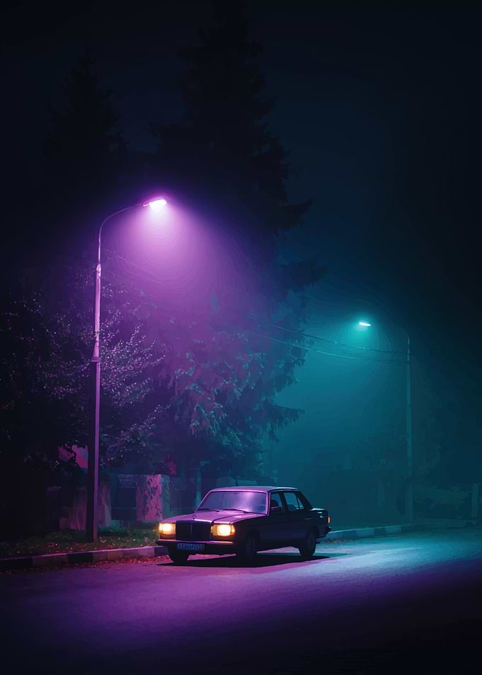 Night Drive: Car Under Streetlights