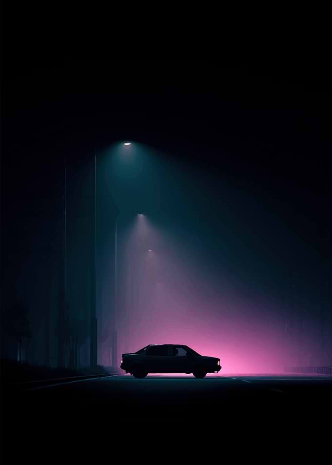 Night Drive: Car in Neon Fog