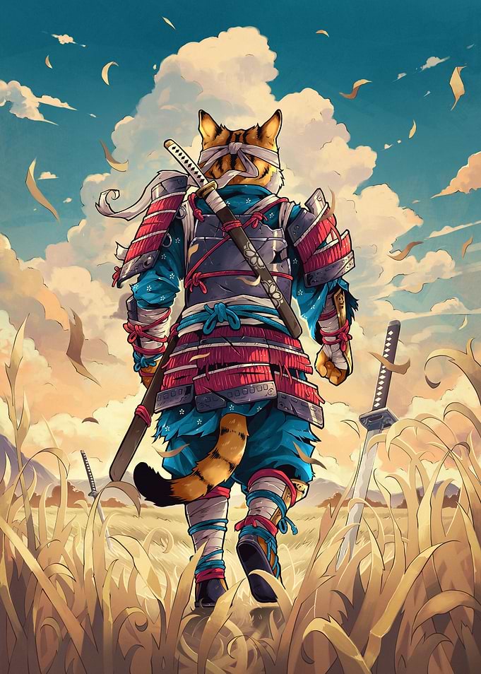 Samurai Cat Warrior Walking Away