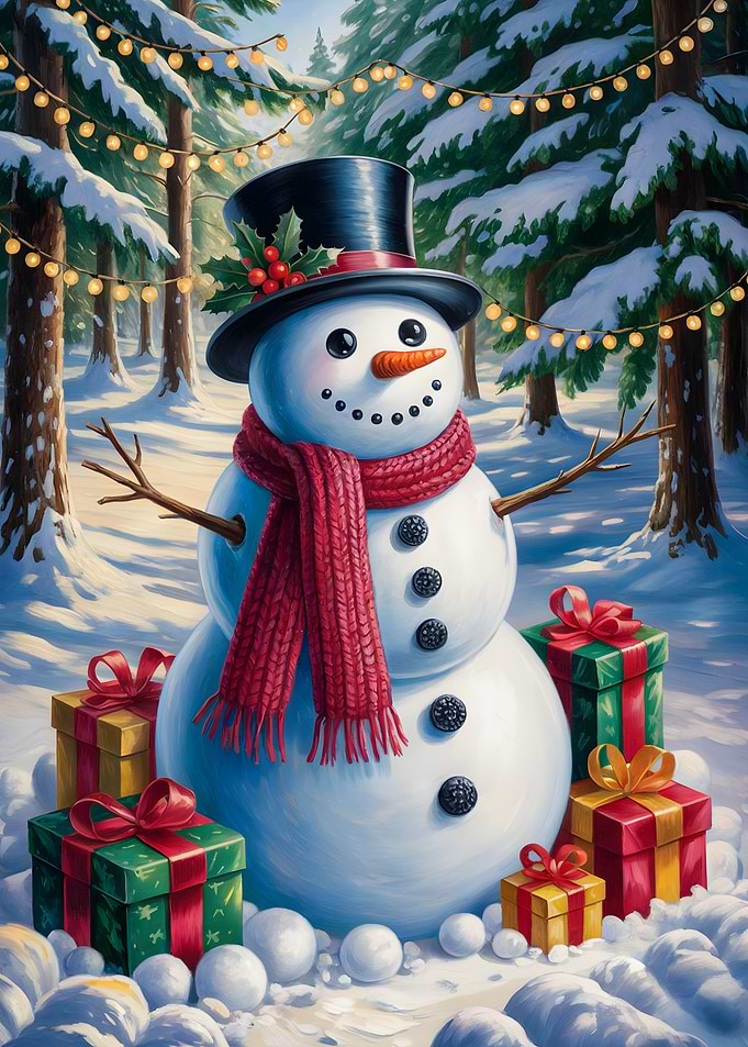 Festive Snowman with Gifts in Winter
