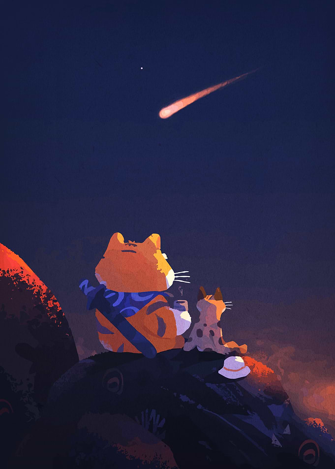 Cats Watching a Shooting Star