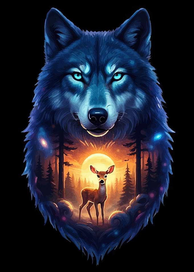 Wolf and Deer Forest Scene