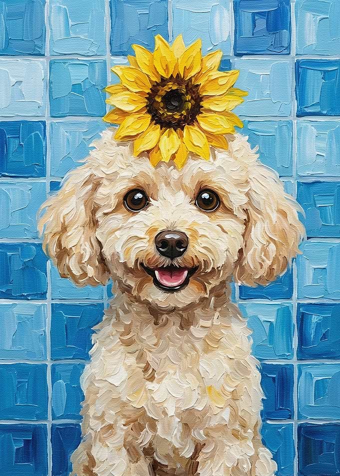 Poodle with Sunflower Hat