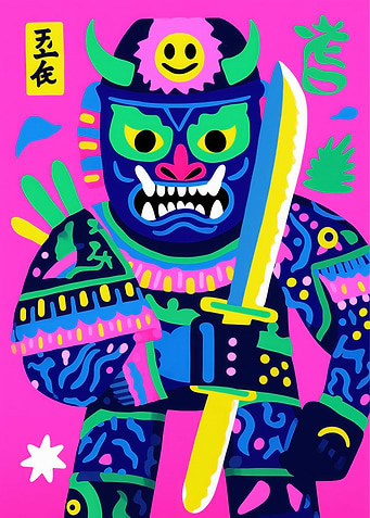 Colorful Happy Pop Art Oni Samurai
