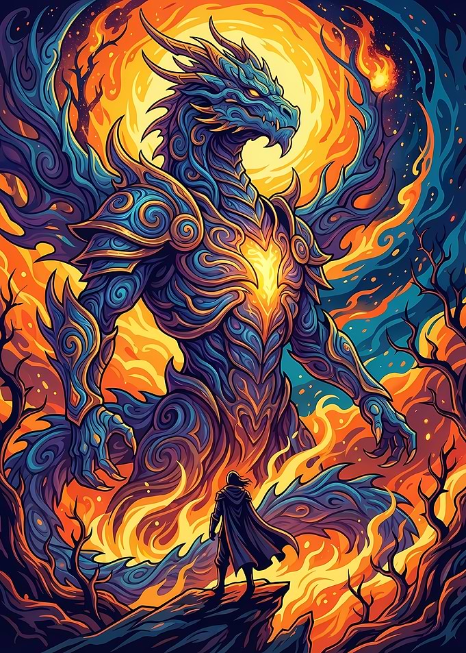 Dragon and Cloaked Figure Fantasy Art
