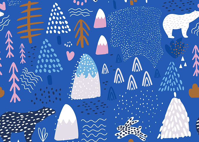 Blue Pink Snowy Happy Winter Forest Bear Bunny