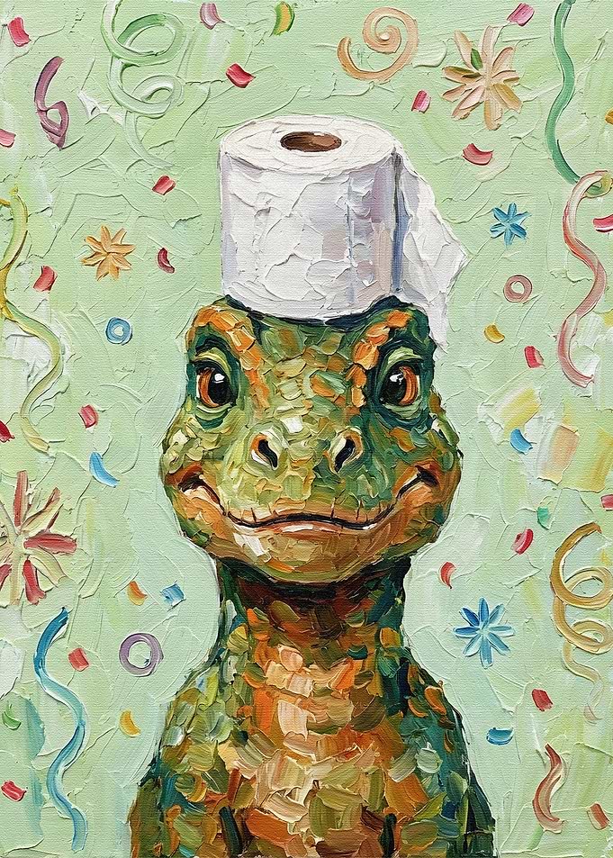 Dinosaur with Toilet Paper Hat Painting