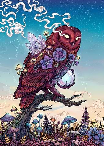 Mystical Owl with Crystal and Orb