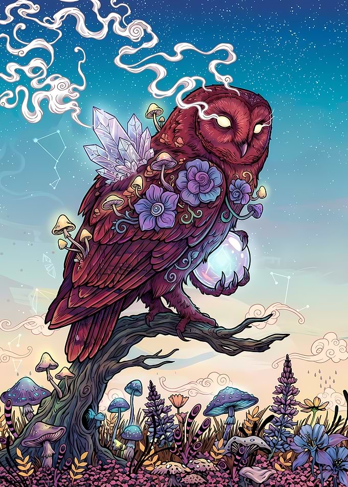 Mystical Owl with Crystal and Orb