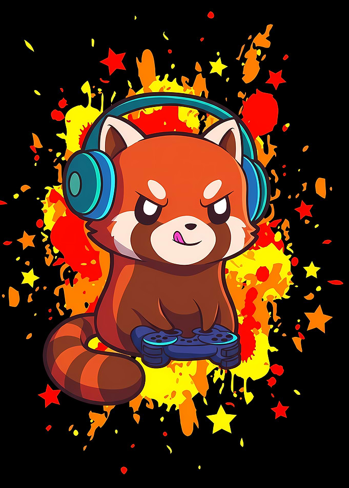 Cartoon Red Panda Gamer with Headset