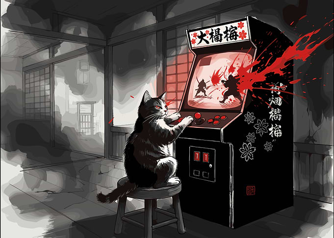 Cat playing arcade game
