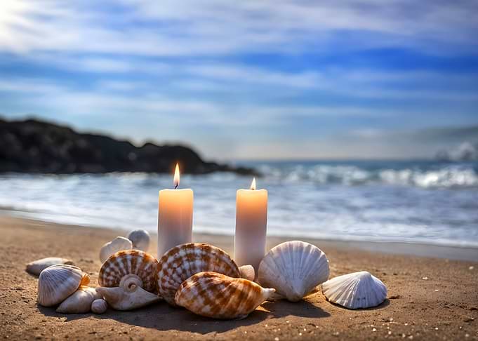 Candles and Seashells on Beach Pretty Coastal Seaside