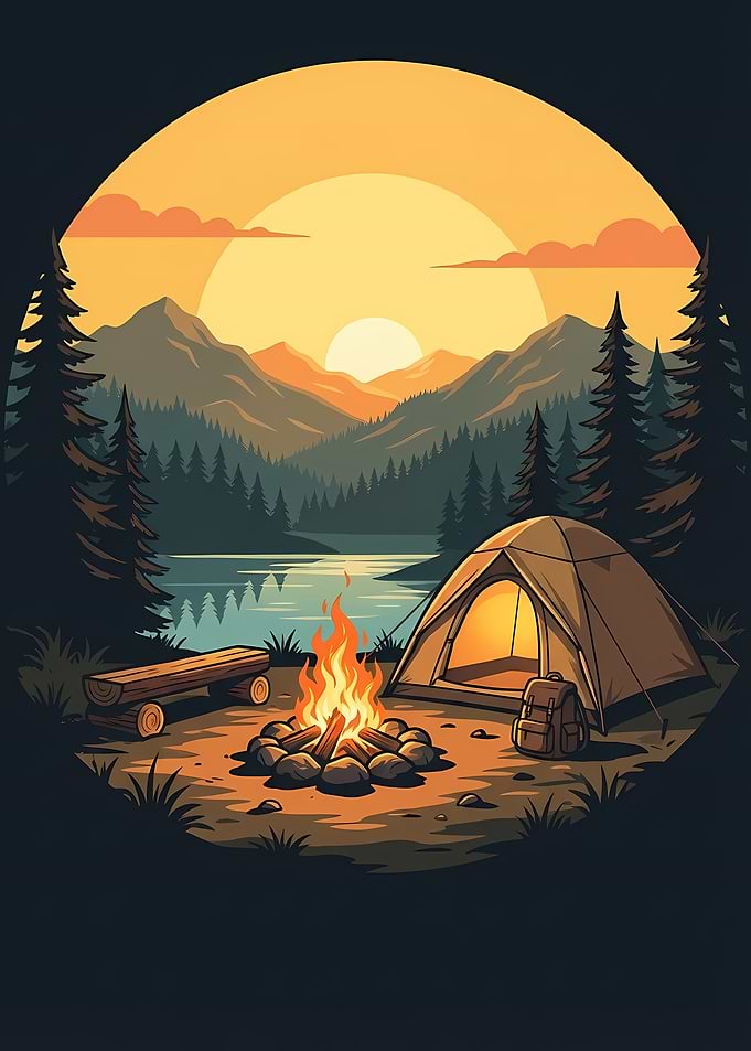 Camping Scene with Tent and Fire